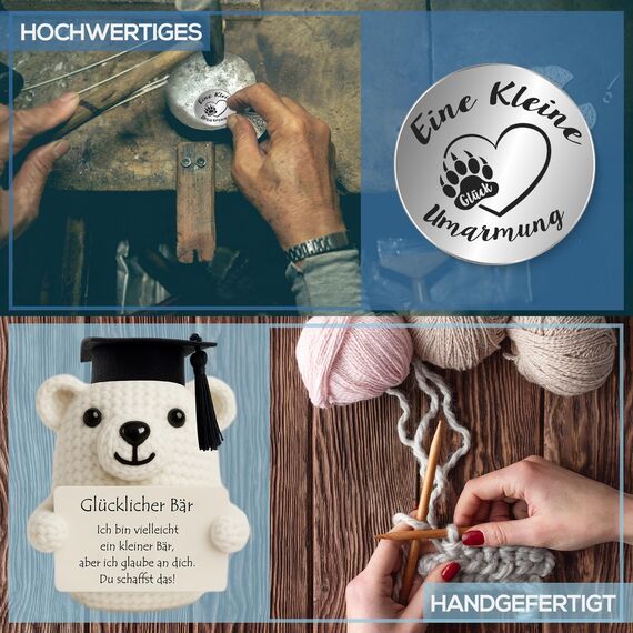 Tixlux Pocket Hug Glücklicher Bär, Kreative Strickwolle Bär Puppe und Kleine Umarmung Glücksbringer, MutmacherGeschenk, Gute Besserung Geschenk, Einschulung Geschenk Weiß