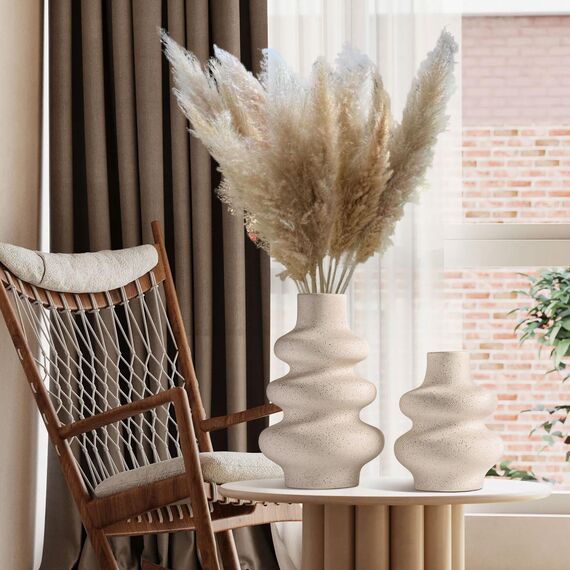 2 Stück Runde Keramik Vasen Beige Vase für moderne Heimdekoration Boho Vase für Bauernhaus Hochzeit Esszimmer Büro Mittelstück
