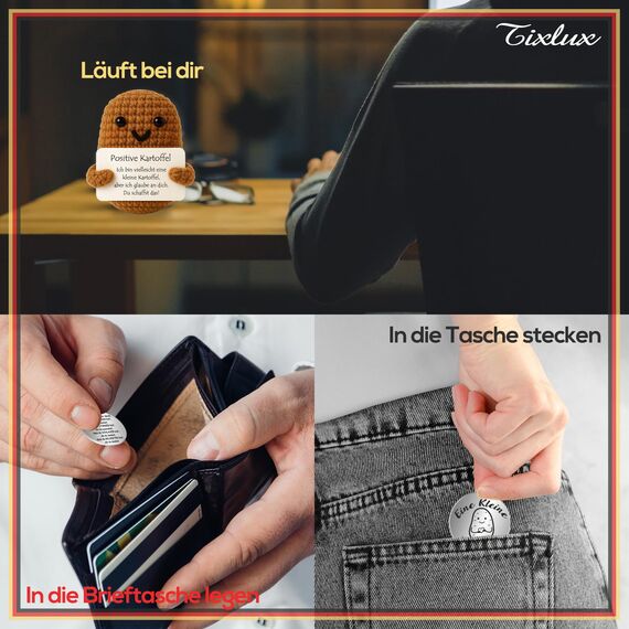 Tixlux Pocket Hug Positive Kartoffel, Kreative Strickwolle Kartoffel Puppe und Kleine Umarmung Glücksbringer (Silber), Mutmacher Geschenk, Gute Besserung, Einschulung Geschenk