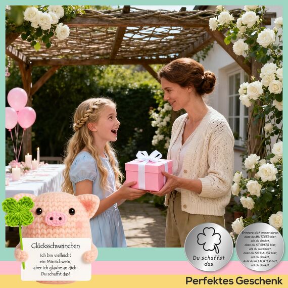 Tixlux Pocket Hug Glücksschweinchen mit Glücksklee, Kreative Strickwolle Minischwein Puppe und Kleine Umarmung Glücksbringer (Silber Ⅲ), MutmacherGeschenk, Gute Besserung, Einschulung Geschenk