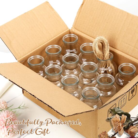 Lannvan Kleine Glasvasen - 12er Set Kleine Vasen für Tischdeko Hochzeit - Deko Vasen Set mit 8m Juteschnur - Mini Glasvasen für Tischdeko - Spülmaschinenfest -10.5cm Hoch