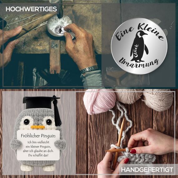 Tixlux Pocket Hug Fröhlicher Pinguin, Kreative Strickwolle Pinguin Puppe und Kleine Umarmung Glücksbringer, MutmacherGeschenk, Gute Besserung Geschenk, Einschulung Geschenk