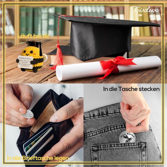 Tixlux Pocket Hug Fröhliche Biene, Kreative Strickwolle Biene Puppe und Kleine Umarmung Glücksbringer, MutmacherGeschenk, Gute Besserung Geschenk, Einschulung Geschenk