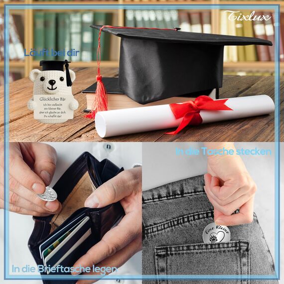 Tixlux Pocket Hug Glücklicher Bär, Kreative Strickwolle Bär Puppe und Kleine Umarmung Glücksbringer, MutmacherGeschenk, Gute Besserung Geschenk, Einschulung Geschenk Weiß