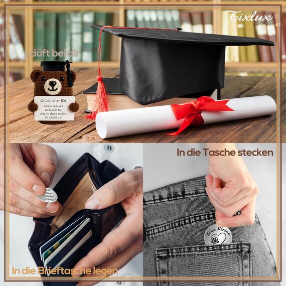 Tixlux Pocket Hug Glücklicher Bär, Kreative Strickwolle Bär Puppe und Kleine Umarmung Glücksbringer, MutmacherGeschenk, Gute Besserung Geschenk, Einschulung Geschenk