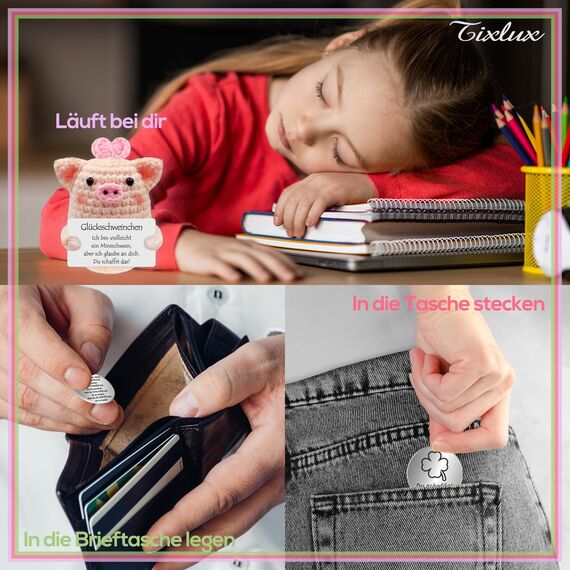 Tixlux Pocket Hug Glücksschweinchen, Kreative Strickwolle Minischwein Puppe und Kleine Umarmung Glücksbringer (Silber Ⅱ), MutmacherGeschenk, Gute Besserung, Einschulung Geschenk