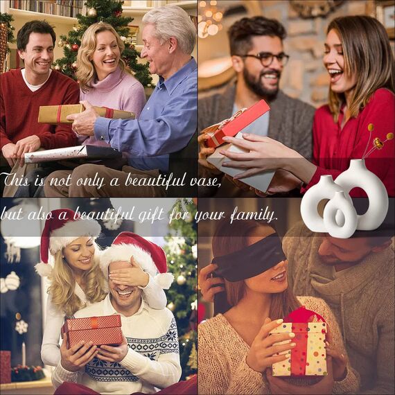 Sawoake Weiße Donut Keramik Vase Satz von 2 für Moderne Home Decor, Runde Matte Vasen für Pampasgras, Neutral Boho Nordic Minimalismus Stil Blumenvasen（Supergroß+Groß）