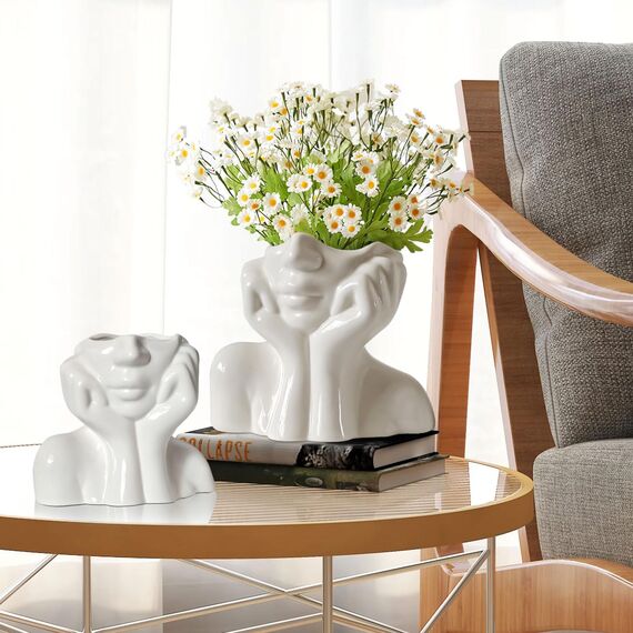 kogxscej Aesthetic Vasen Set 2 Stück Weiße Keramik Vase für ästhetische Blumendekoration Niedliche Kopfvasen Weiße Keramik für Büro Esszimmer Dekoration