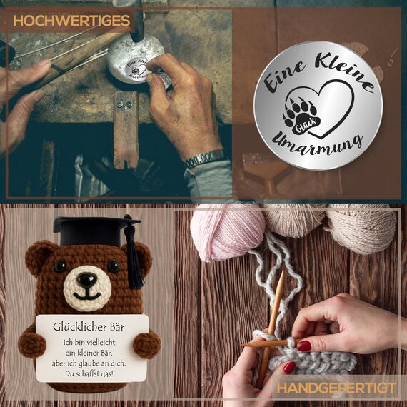 Tixlux Pocket Hug Glücklicher Bär, Kreative Strickwolle Bär Puppe und Kleine Umarmung Glücksbringer, MutmacherGeschenk, Gute Besserung Geschenk, Einschulung Geschenk