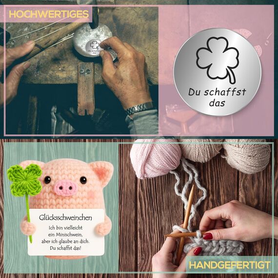 Tixlux Pocket Hug Glücksschweinchen mit Glücksklee, Kreative Strickwolle Minischwein Puppe und Kleine Umarmung Glücksbringer (Silber Ⅲ), MutmacherGeschenk, Gute Besserung, Einschulung Geschenk