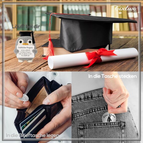 Tixlux Pocket Hug Fröhlicher Pinguin, Kreative Strickwolle Pinguin Puppe und Kleine Umarmung Glücksbringer, MutmacherGeschenk, Gute Besserung Geschenk, Einschulung Geschenk