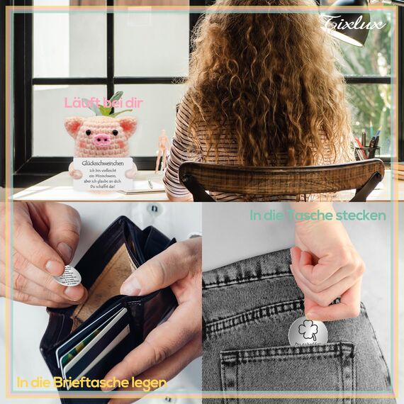 Tixlux Pocket Hug Glücksschweinchen, Kreative Strickwolle Minischwein Puppe und Kleine Umarmung Glücksbringer (Silber Ⅰ), MutmacherGeschenk, Gute Besserung, Einschulung Geschenk