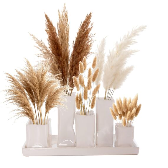 Jinfa Handgefertigte kleine Keramik Deko Blumenvasen Set aus 5 Vasen – ideal für Pampasgras, Trockenblumen, Bunny Tails und Boho Dekoration