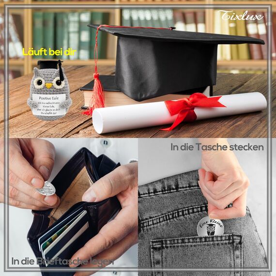 Tixlux Pocket Hug Positive Eule mit Doktorhut, Kreative Strickwolle Eulen-Puppe und Kleine Umarmung Glücksbringer, MutmacherGeschenk, Gute Besserung Geschenk, Einschulung Geschenk