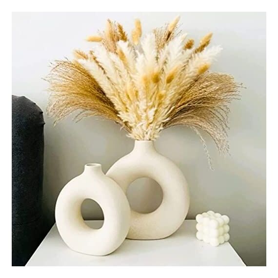 2 weiße Keramik-Blumenvasen für Wohnungsdekoration und Schlafzimmerdekoration, dekorative Vasen für Tischdecke mit Pampasgras