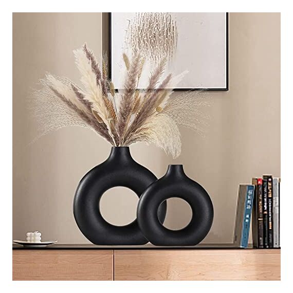 Keramik Vase, Schwarze Set of 2 Blumenvasen aus Keramik für Wohnungsdeko Trockenblumen Deko Vasen für Tischdecko mit Pampasgras, Zimmer Deko für Geschenk, Große Mittelgroße