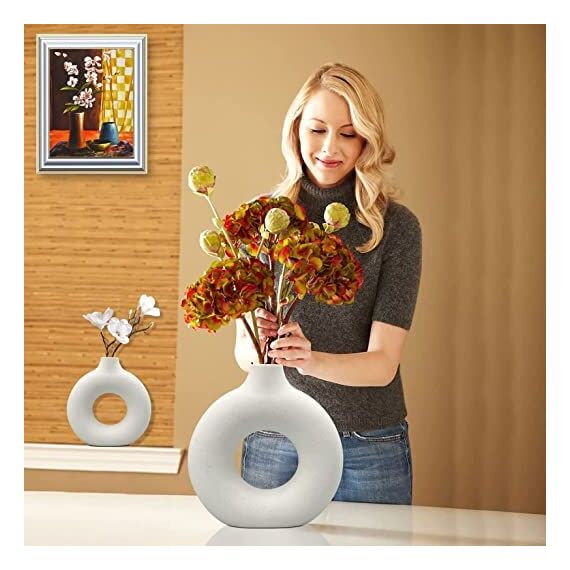 Vase - Set of 2 Weiße Blumenvasen aus Keramik für Wohnungsdeko Trockenblumen Vasen für Tischdecko mit Pampasgras, Zimmer Deko für Geschenk, Kleine Mittelgroße