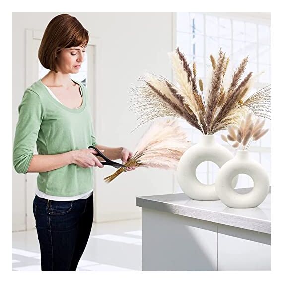 Vase - Set of 2 Weiße Blumenvasen aus Keramik für Wohnungsdeko Trockenblumen Vasen für Tischdecko mit Pampasgras, Zimmer Deko für Geschenk, Kleine Mittelgroße