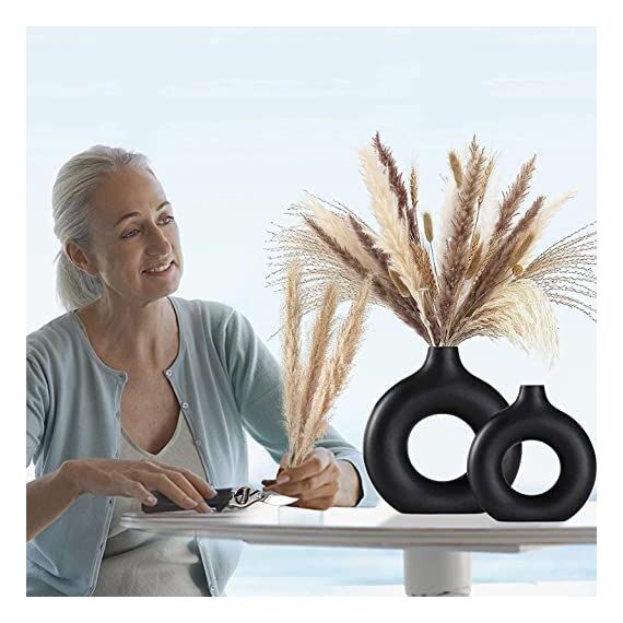 Keramik Vase, Schwarze Set of 2 Blumenvasen aus Keramik für Wohnungsdeko Trockenblumen Deko Vasen für Tischdecko mit Pampasgras, Zimmer Deko für Geschenk, Große Mittelgroße