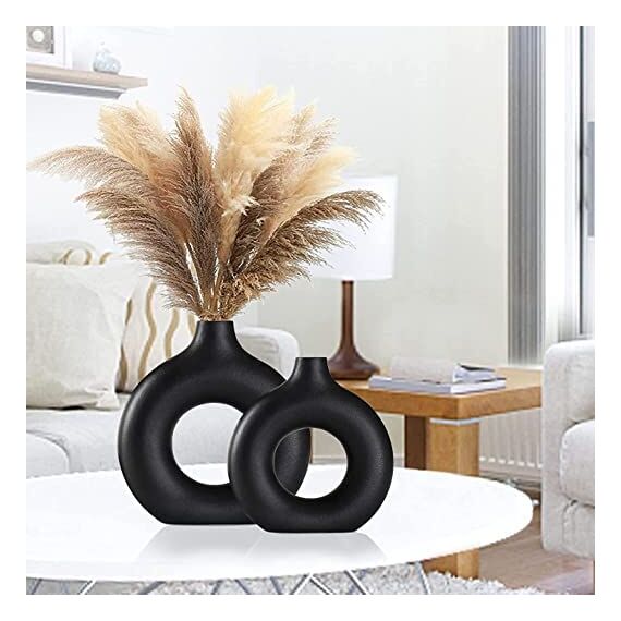 Keramik Vase, Schwarze Set of 2 Blumenvasen aus Keramik für Wohnungsdeko Trockenblumen Deko Vasen für Tischdecko mit Pampasgras, Zimmer Deko für Geschenk, Große Mittelgroße