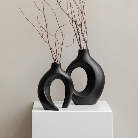 SUKIYPO Hohle Keramikvase, 2er Set Schwarz Moderne Vase für nordische minimalistische Dekoration, runde Boho-ästhetische Blumenvasen für Zuhause, Wohnzimmer, Büro, Bauernhaus, Bücherregal, Dekor