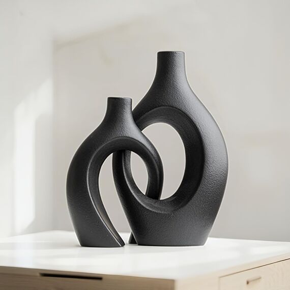 Keramik Vase, SUKIYPO Aufgewertet 2er Set Hohle Schwarz Moderne Vasen für Nordisches, Groß Vasen Deko, ästhetische Boho Blumenvasen für Zuhause, Wohnzimmer, Büro, Bauernhaus, Couchtisch Dekoration