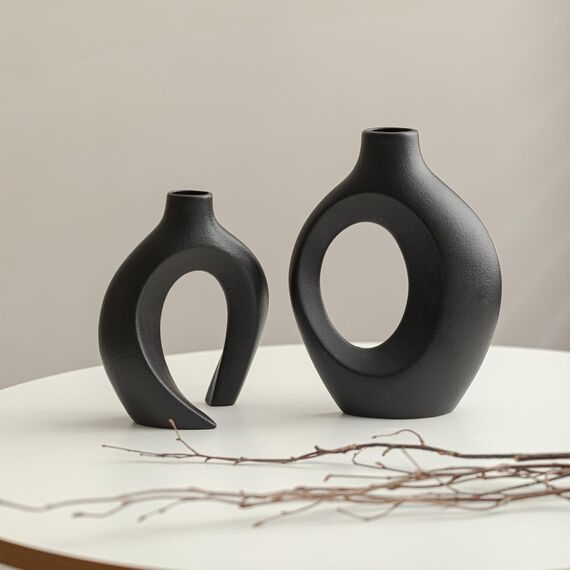 SUKIYPO Hohle Keramikvase, 2er Set Schwarz Moderne Vase für nordische minimalistische Dekoration, runde Boho-ästhetische Blumenvasen für Zuhause, Wohnzimmer, Büro, Bauernhaus, Bücherregal, Dekor