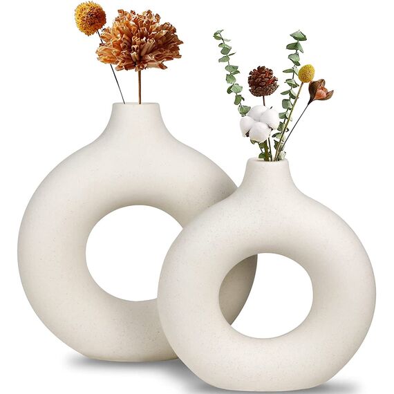 Vase - Set of 2 Weiße Blumenvasen aus Keramik für Wohnungsdeko Trockenblumen Vasen für Tischdecko mit Pampasgras, Zimmer Deko für Geschenk, Kleine Mittelgroße