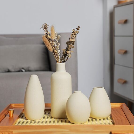 CEMABT Beige Keramik Vase Set-4 Kleine Vasen für Blumen, einzigartige Blumenvasen für Mittelstücke, dekorative Moderne Vasen für Home Decor Tisch Eingang (Beige)