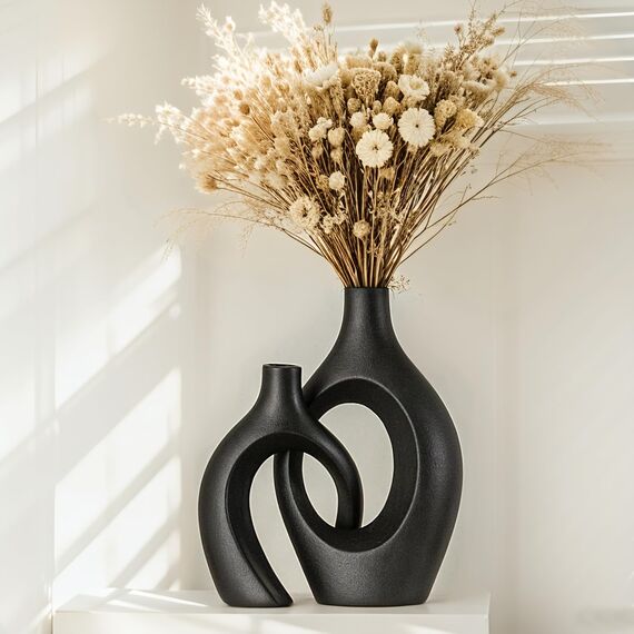 Keramik Vase, SUKIYPO Aufgewertet 2er Set Hohle Schwarz Moderne Vasen für Nordisches, Groß Vasen Deko, ästhetische Boho Blumenvasen für Zuhause, Wohnzimmer, Büro, Bauernhaus, Couchtisch Dekoration