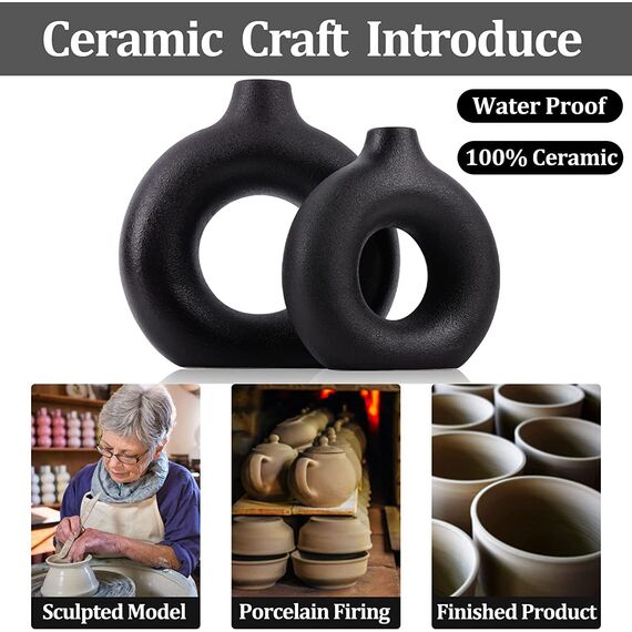 Keramik Vases - Schwarze Set of 2 Blumenvasen aus Keramik für Wohnungsdeko Trockenblumen Deko Vasen für Tischdecko mit Pampasgras, Zimmer Deko für Geschenk, Kleine Mittelgroße