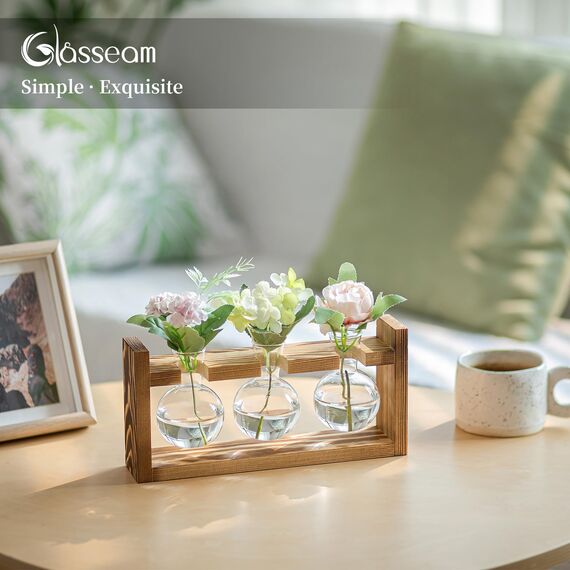 Glasseam Blumenvase Vintage Kleine Vasen Für Tischdeko Modern Glas Reagenzgläser Für Blumen Mit Ständer Holz Propagation Station Für Wohnzimmer Outdoor Taufe Geburtstag Hydroponik Deko