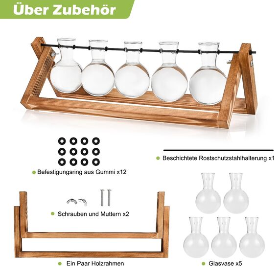 Cieex Vintage Kleine Vasen für Tischdeko, Hyindoor Propagation Station, Blumenvase Glasvase mit Holzständer, Kleine Vasen Vintage Glas Reagenzgläser für Hause Büro Wohnzimmer