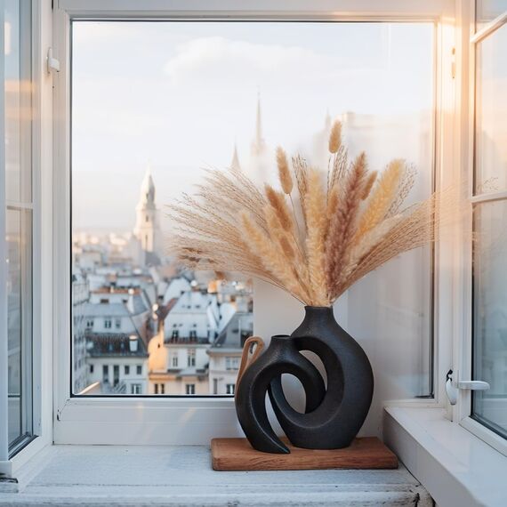 SUKIYPO Hohle Keramikvase, 2er Set Schwarz Moderne Vase für nordische minimalistische Dekoration, runde Boho-ästhetische Blumenvasen für Zuhause, Wohnzimmer, Büro, Bauernhaus, Bücherregal, Dekor