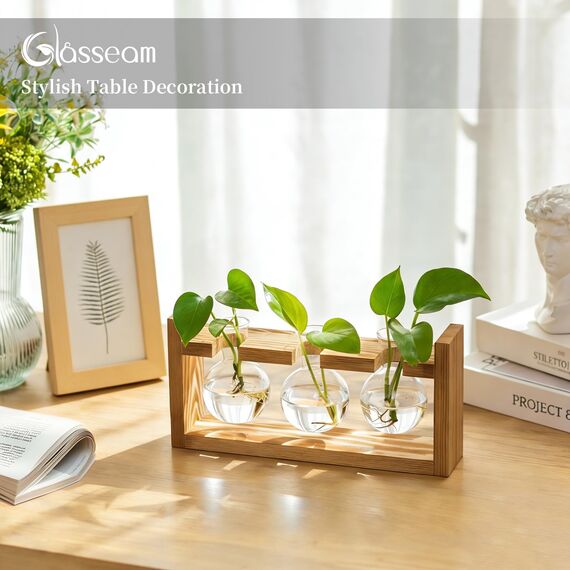 Glasseam Blumenvase Vintage Kleine Vasen Für Tischdeko Modern Glas Reagenzgläser Für Blumen Mit Ständer Holz Propagation Station Für Wohnzimmer Outdoor Taufe Geburtstag Hydroponik Deko