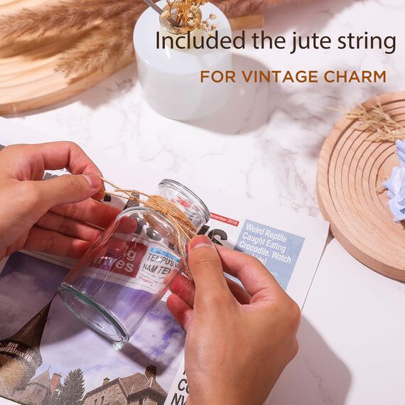 DATEFUN 12 Stück Mini Glasvasen, 125ml kleine Väschen mit Juteschnur, Blumenvasen Tischvasen Glasvasen Dekoflaschen Glasflaschen, Glasfläschchen für Tischdeko Mittelstücke, Hochzeitsdekorationen