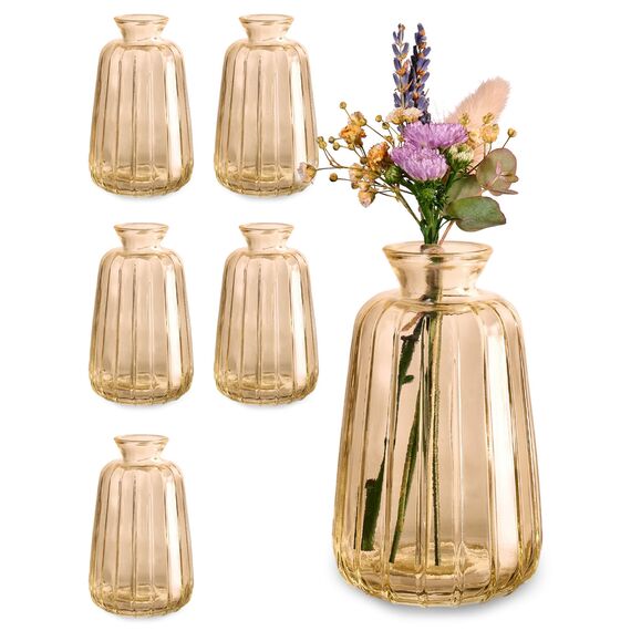 Praknu Kleine Glasvasen für Tischdeko - 6er Set - Vintage Charme - Runde Minivasen - Spülmaschinenfest - Perfekt für Hochzeit Tischdeko - Gold