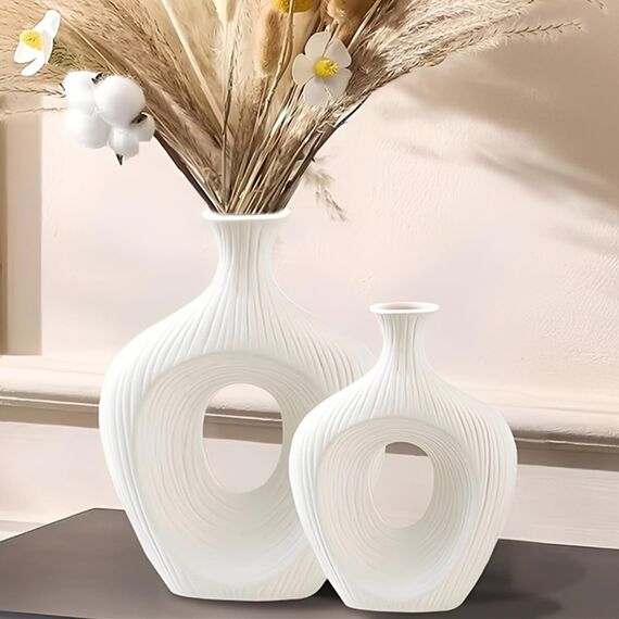 Auciej Keramik Vase Weiß Matt Rund Deko Vasen Set 2er Moderne Boho Blumenvase für tulpen pampasgras passend für wohnzimmer Schlafzimmer Büro Hochzeit Party Tischdeko (Höhe: groß: 23cm klein: 18cm)