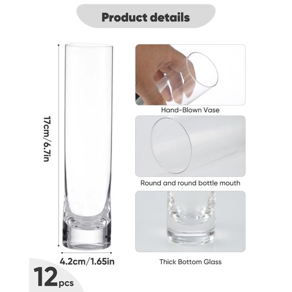 Kleine Vasen für Tischschmuck-12St Kleine Mini Glasvase,Transparent Glasvasen für Hochzeitsdekorationen, Schwimmender Kerzenständer für Party Tischschmuck 19cm Hoch mit 4.5cm Öffnungsdurchmesser