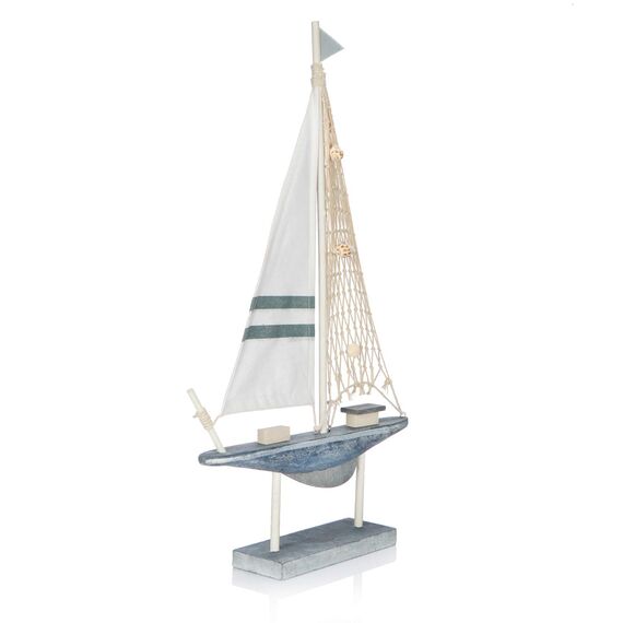 com-four® 2X maritimes Deko-Segelschiff aus Holz in 2 Größen - dekorative Holzboote mit Mittelmeer-Flair fürs Badezimmer [Farbauswahl variiert] (2 Stück Segelboot/Fischkutter - blau/weiß/beige)