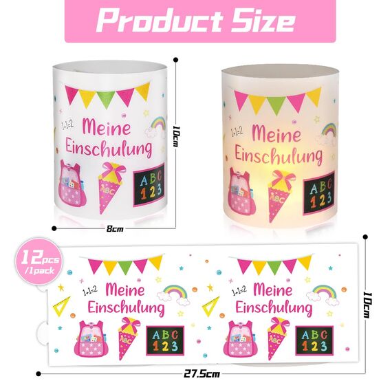 12 Windlicht Tischdeko Einschulung Mädchen, Meine Einschulungdeko,Windlichter Tischdeko Endlich Schulkind, Deko Schulanfang Mädchen, Deko Einschulung Madchen Tisch, Geeignet für Teelicht oder Kerzen