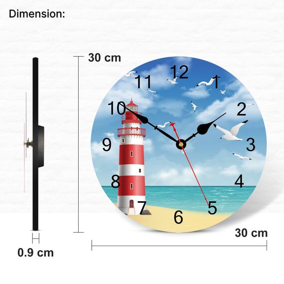 TAHEAT 30 cm Leuchtturm Möwe Wanduhr, Meer Himmel Pattern Uhren, Leise Nicht Tickend Modern Wanduhr für Küche/Schlafzimmer/Wohnzimmer/Esszimmer
