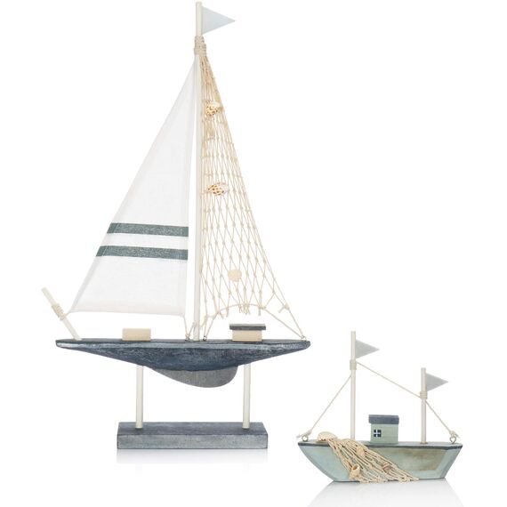 com-four® 2X maritimes Deko-Segelschiff aus Holz in 2 Größen - dekorative Holzboote mit Mittelmeer-Flair fürs Badezimmer [Farbauswahl variiert] (2 Stück Segelboot/Fischkutter - blau/weiß/beige)