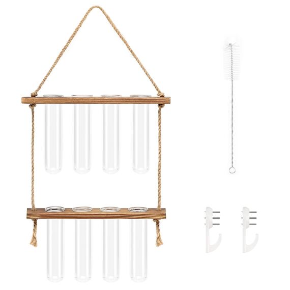 Hyindoor Hängende Propagation Station Wandvase Reagenzglas Vase Vermehrungsstation Für Hydrokultur Pflanzen Vintage Dekovase Mit Holzregal Für Hause Büro Wohnzimmer Küche,8 Rohr, 2 Stufen