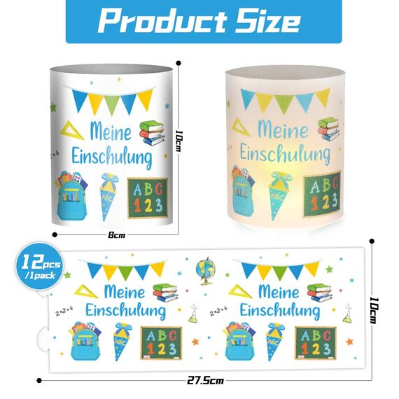 12 Windlicht Tischdeko Einschulung Junge, Meine Einschulungdeko, Windlichter Tischdeko Endlich Schulkind, Deko Einschulung Junge Tisch, Deko Schulanfang Jungen Blau, Geeignet für Teelicht oder Kerzen