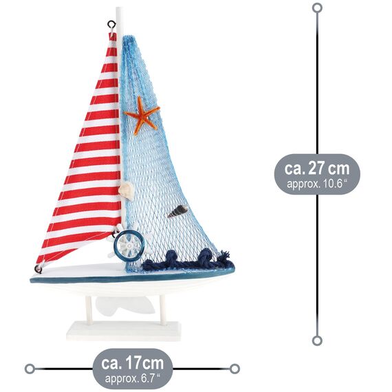 com-four® 2-teiliges maritimes Deko-Set - Dekoratives Holz-Segelschiff 27 cm und Leuchtturm 23 cm für EIN maritimes Ambiente in Ihrem Zuhause (2 Stück Leuchtturm/Segelboot - blau/rot)