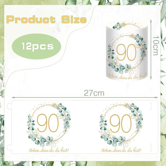 12 Windlicht Tischdeko 90 Geburtstag, Happy Birthday Tischdeko 90. Geburtstag Frauen, 90 Geburtstagdeko Frau Mann, Geeignet für Teelichter oder Kerzen mit Schön DASS Du Da Bist und Eukalyptus