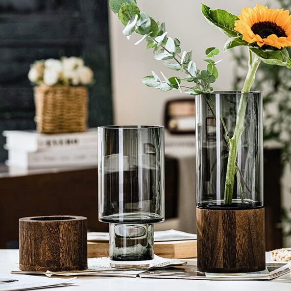 Glas Blumenvase Modern Zylinder Vase Handgefertigte kristallklare Glasvase mit Holzsockel Blumenblume Pflanzenbehälter für Home Office Dekor, Geschenk für Hochzeit Einweihungsparty feiern Höhe 31 cm