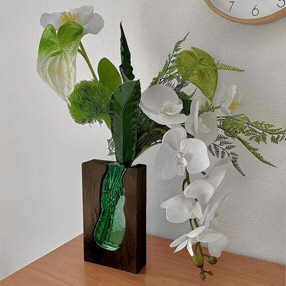 Auciej Blumenvase modern Glasvase Handgefertigte Vase glas rechteckig Schmale Vasen mit Holzsockel für Home Office Dekor, Geschenk für Hochzeit Einweihungsparty feiern Höhe 24 cm
