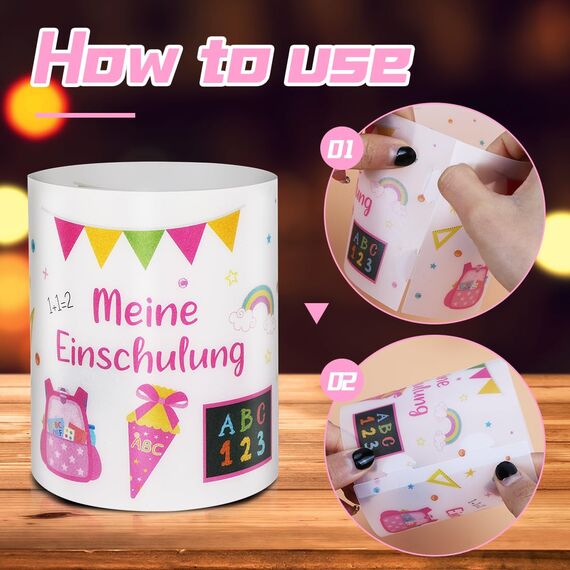 12 Windlicht Tischdeko Einschulung Mädchen, Meine Einschulungdeko,Windlichter Tischdeko Endlich Schulkind, Deko Schulanfang Mädchen, Deko Einschulung Madchen Tisch, Geeignet für Teelicht oder Kerzen